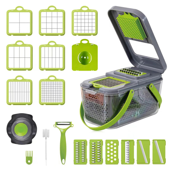 Picadora de verduras multifuncional 22 en 1, picadora manual con recipiente, cortador de alimentos para cebolla, ajo, zanahoria y patata con