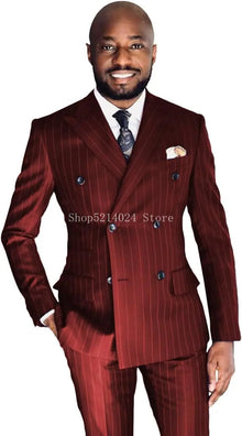 Men's Pinstripe Suit 2-Piece Set Double Breasted Business Casual Wedding Party Suit