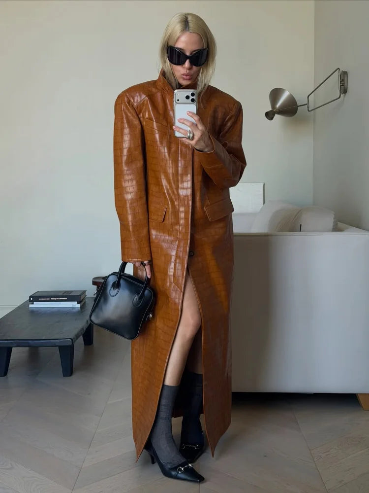 Brown Croc Embossed Faux Leather Long Trench Coat Lapel Single Breasted Straight Long Front Pockets Women Vintage Autumn Winter