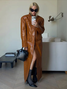 Brown Croc Embossed Faux Leather Long Trench Coat Lapel Single Breasted Straight Long Front Pockets Women Vintage Autumn Winter