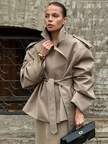 Women Casual Solid Lace Up Short Trench Coat Chic Long Sleeve Wide Shoulder Loose Windbreaker 2026 Spring Lady Street Outerwear