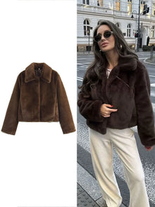 HH Women Casual Brown Short Faux Fur Coat Turn-Down Collar Long Sleeve Jacket 2025 Autumn Winter Loose High Street Outwear