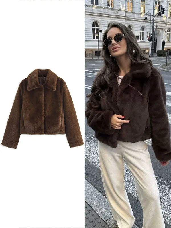 Chaqueta corta informal de piel sintética marrón para mujer, con cuello vuelto, manga larga, estilo holgado, ideal para otoño e invierno 2025, moda urbana.