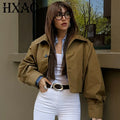 Chaqueta plisada marrón para mujer HXAO, chaqueta bomber corta primavera-verano 2025, abrigos de manga larga con botones, ropa de abrigo, chaquetas de aviador