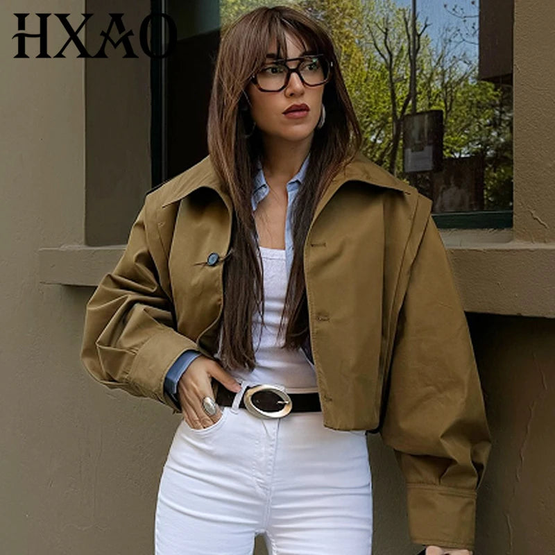 Chaqueta plisada marrón para mujer HXAO, chaqueta bomber corta primavera-verano 2025, abrigos de manga larga con botones, ropa de abrigo, chaquetas de aviador
