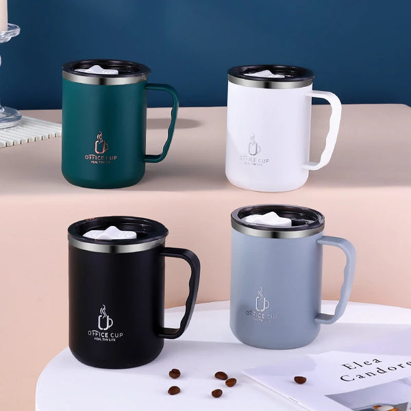 Botella de agua de acero inoxidable 304 de 500 ml/17 oz, taza de café y leche de doble capa con tapa de plástico y asa