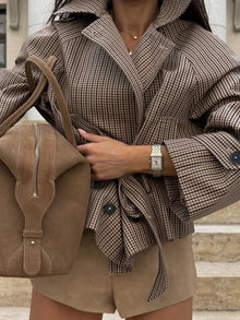 Trendy Plaid Cropped Trench Coat Women Chic Lapel Double Breasted Belted Waist Tie Long Sleeve Jacket Fall Windbreaker Outerwear