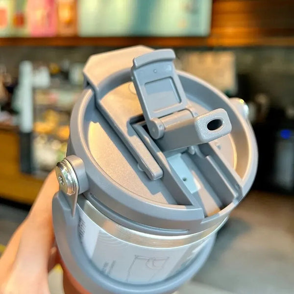 Tyeso Double Wall Insulated Stainless Steel Coffee Cup with Handle and Straw