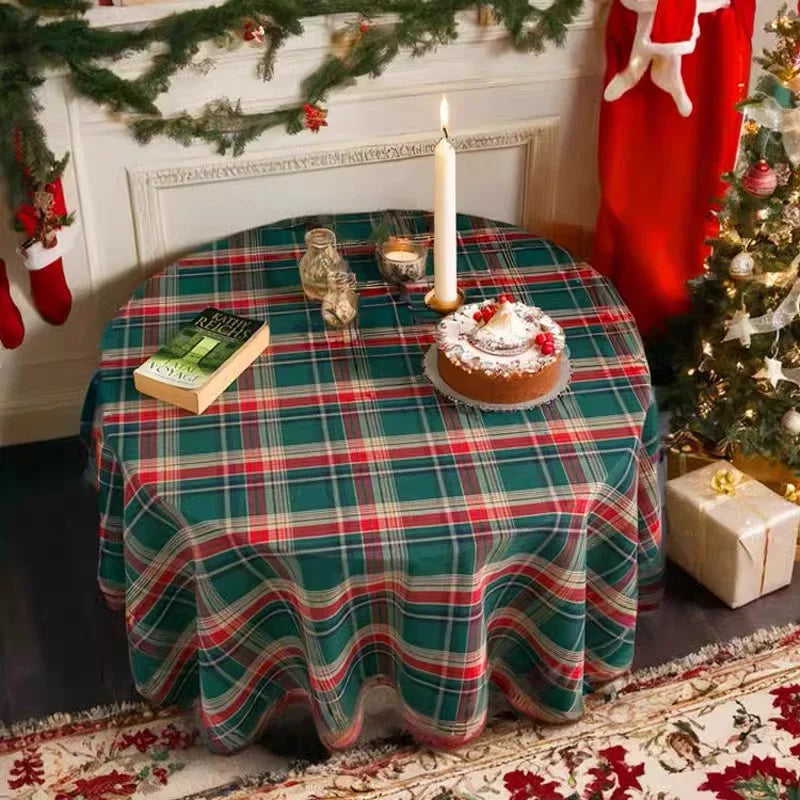 Christmas Decoration Round Tablecloth Plaid Table Cover for New Year Family Gathering Restaurant Party Dinner Xmas Home Decor