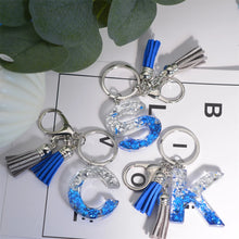 Llaveros creativos de resina de 26 letras con borla, accesorios de moda con iniciales, lentejuelas, color azul y plateado, colgante para bolso