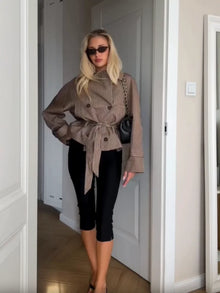 Trendy Plaid Cropped Trench Coat Women Chic Lapel Double Breasted Belted Waist Tie Long Sleeve Jacket Fall Windbreaker Outerwear