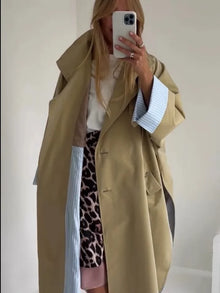 Women 2026 Khaki Long Color-Block Stripe Trench Coat Wide Lapel Loose Drop Shoulder Blue Lining Slit  Coat Commute Outing wear