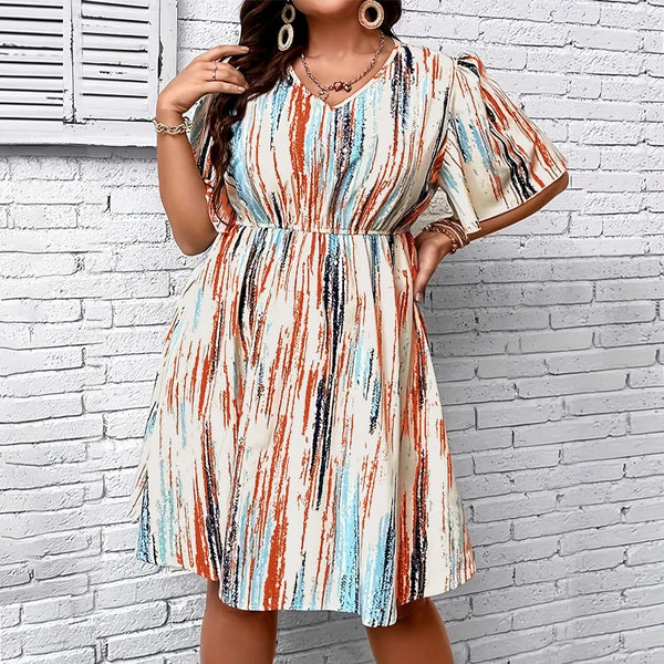 Vestido de talla grande, estampado a rayas con cuello en V, manga corta, corte holgado, cintura elástica, estilo casual para vacaciones