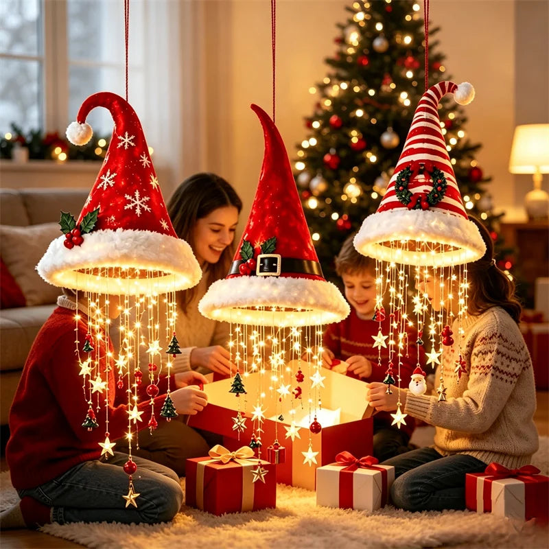 Christmas Santa Hat LED Hanging Light Warm Glowing Chandelier String Lights Xmas Ornament Home Stairway Holiday Party Decor