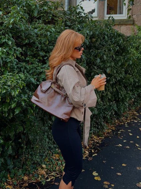 Gabardina corta a cuadros de manga larga para mujer, con solapa, doble botonadura, cinturón en la cintura, chaqueta corta holgada, abrigo de otoño para dama