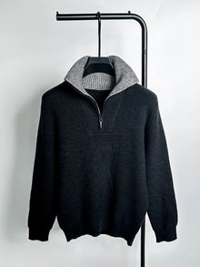 Autumn and Winter Men's Half High Neck Zipper Knitted Sweater Korean Version FashionCasualSolidColor Pullover Thickened and Warm