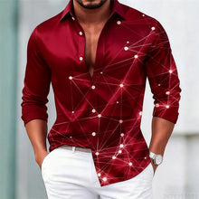 Men's trendy geometric line print long-sleeved shirt. Fashionable slim black technology-style shirt. Popular men's shirt.