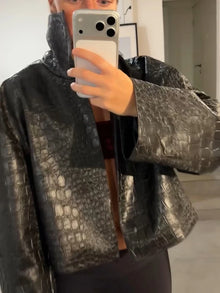 Brown Croc Embossed Faux Leather Long Trench Coat Lapel Single Breasted Straight Long Front Pockets Women Vintage Autumn Winter