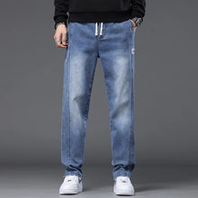 Autumn Winter Blue Jeans Men Drawstring Elastic Waist Cotton Cargo Denim Pants Work Fashion Thick Trousers Male Plus Size M-4XL