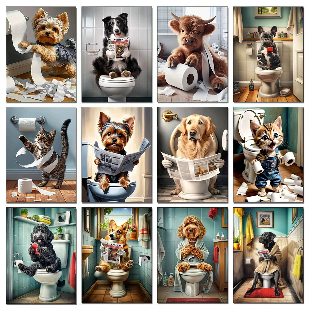 Dog Diamond Painting Cat Toilet Cartoon Diamond Mosaic Animal Full Round/Square Drill Embroidery Funny Bathroom Wall Decor Art
