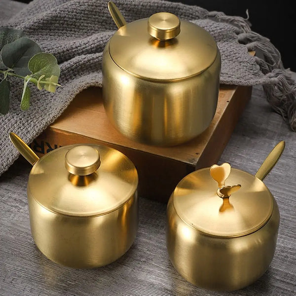 Useful Stainless Steel Sugar Bowl Gold Silver Large Capacity Seasoning Pot with Spoon Lid Durable Storage Jar Home