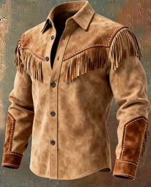 Chaqueta de piel con flecos para hombre, otoño-invierno 2026, estilo vintage étnico, de moda, con botones, forrada, casual, estilo urbano