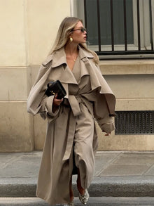 Women Stand Collar Full Sleeve Oversized Windbreaker Solid Single Breasted Lace Up Long Trench Coat Lady Autumn Casual Jacket