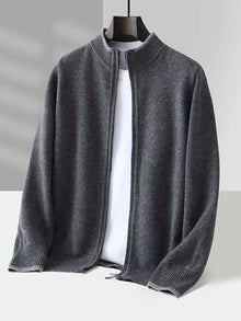 Cárdigan de punto grueso con cremallera y cuello alto para hombre, 100% lana merino, novedad de otoño e invierno, suéter tipo suéter de cachemir