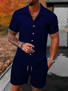 Lazy Street Style Vertical Stripe Slimming Shirt Shorts Two-piece Set No Need To Pair With Autumn Men's Thin Knit Sports Suit