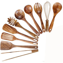 LMETJMA 10 Unidades de Utensilios de Cocina de Madera de Teca Natural, Juego de Cucharas y Espátulas de Madera para Cocinar y Hornear JT503