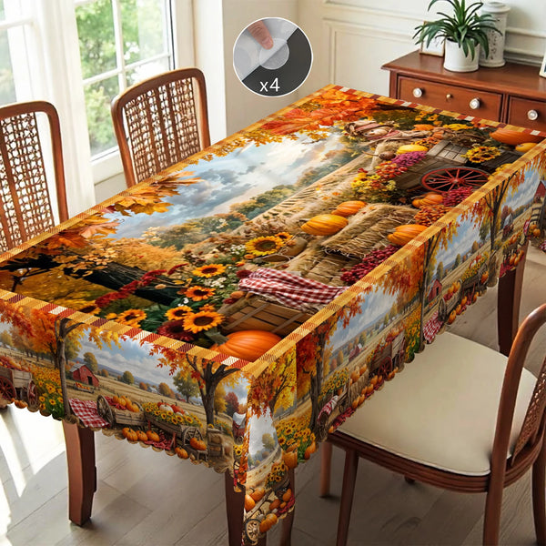 1 Piece, Autum Theme Pastoral Style Tablecloth + 4 Self-Adhesive, Maple Leaf Wheat Scarecrow Pumpkin Sunflower Flower Trolley Pattern Printing, Embossed Edge for Home Kitchen, Living Room Dining Table Balcony Coffee Table, Ho