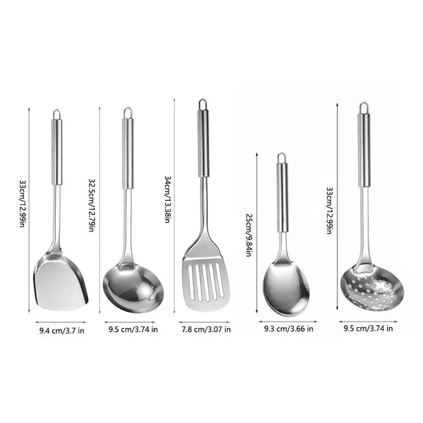 Juego de 5 utensilios de cocina de acero inoxidable 304, espátula práctica, cuchara para arroz, cucharón y herramientas de cocina