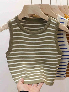 2026 Spring Summer New Sleeveless Ice Silk Knit Tank Top Striped O-Neck Women's Camisole Slim Fit Versatile Sexy Crop Tops