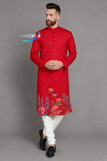 Men digital printed kurta vardha regular fit Mandarin collar long suitable All Occasions such wedding Hari Raya Aidilfitri.