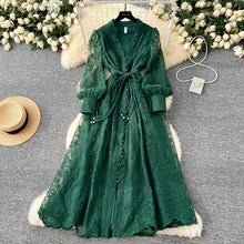 Spring Autumn French High-end Women's Dress New Lace Embroidery V-neck Lantern Sleeves Single Breasted Party Birthday Dress C192