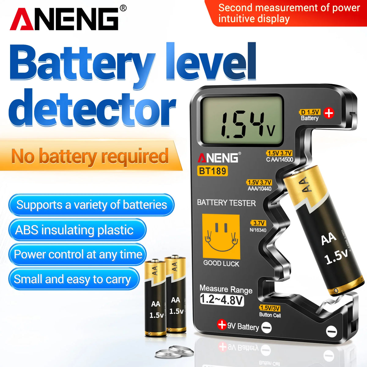 ANENG BT189 battery tester can measure AA/AAA/C/D/9V/button battery  household LCD display power  high-precision display tester