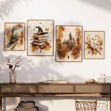 4pcs/set Autumn Leaves Canvas Prints Poster Retro Magic Book Owl Train Aesthetics Art Prints Bedroom Fall Home Decor Art Poster