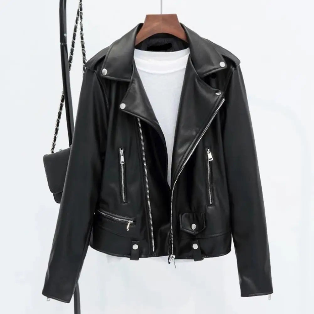 Chaqueta de mujer de piel sintética con cuello vuelto, cierre de cremallera, manga larga, estilo motero, ideal para viajes y uso diario.