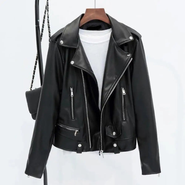 Chaqueta de mujer de piel sintética con cuello vuelto, cierre de cremallera, manga larga, estilo motero, ideal para viajes y uso diario.
