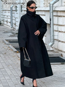 Women Black Long Solid Color Trench Coat Stand Collar Loose Drop Shoulder Single-breasted Windbreaker Lady Commute Outing Wear