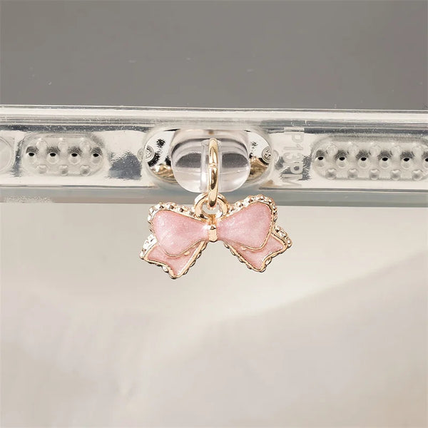 1 pza Hermoso tapón antipolvo para teléfono con lazo rosa y blanco para iPhone/Tipo-C/Android, accesorio colgante para teléfono móvil, regalo para enamorados