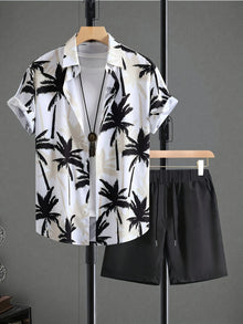 New Coconut Tree Print Men's Set Loose-Fit Hawaiian Short-Sleeve Shirt & Shorts Two-Piece Set Men Premium Fashion Streetwear Set