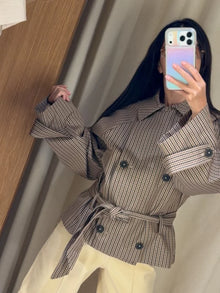 Women Casual Plaid Short Trench Coat Lapel Double Breasted Belted Waist Loose Long Sleeve Checkered Jacket Autumn Windbreaker