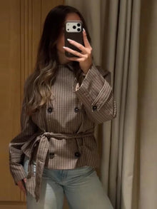 Plaid Cropped Trench Coat Lapel Collar Double Breasted Belted Waist Long Sleeve Women All-match Coats 2026 Autumn Commute Outfit