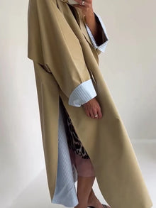 Women Khaki Long Color-block Stripe Trench Coat Wide Lapel Loose Drop Shoulder Blue Lining Slit Windbreaker Commute Outing Coats