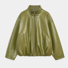 Olive Green Leather Jacket Coat Silhouette Vintage High Street Trend Zipper Lapel Short Overcoat Loose Casual Top Outwear Autumn