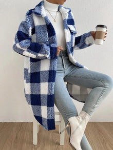 Women Long Plaid Fleece Sweatshirt Coat Autumn Winter Turn Down Collar Long Sleeve Pocket Button Loose Flurry X-Long Trench Coat