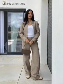 Conjunto de pantalón casual para mujer de algodón y lino, top corto con solapa y cremallera, pantalón recto, conjunto de traje liso para mujer, moda urbana primavera 2026