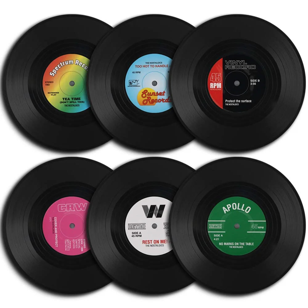Retro Vinyl Record Coasters, Set of 6 Colorful Drink Coasters for Coffee Tables