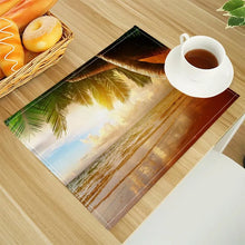 Beach Landscape Coconut Trees Print Linen Dining Table Mats Alphabet Kitchen Placemat 30X40cm Coasters Pads Bowl Cup Mat
